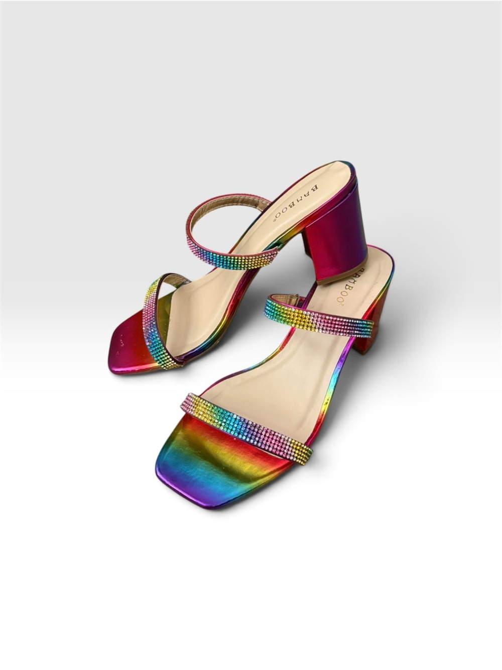 Rainbow Metallic Block Heel Sandals with Crystal Straps